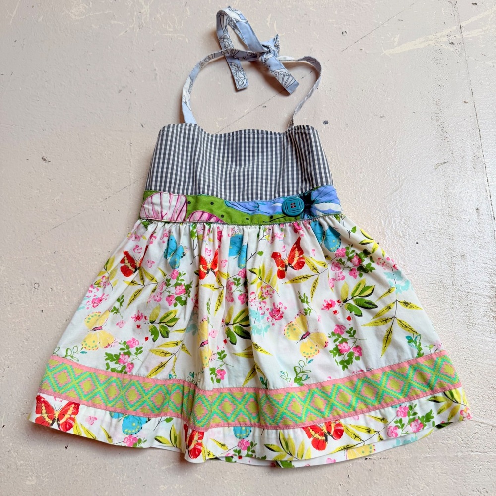 Matilda Jane Girls Floral Butterfly Gingham Halter Dress Mixed Media Smocked 4